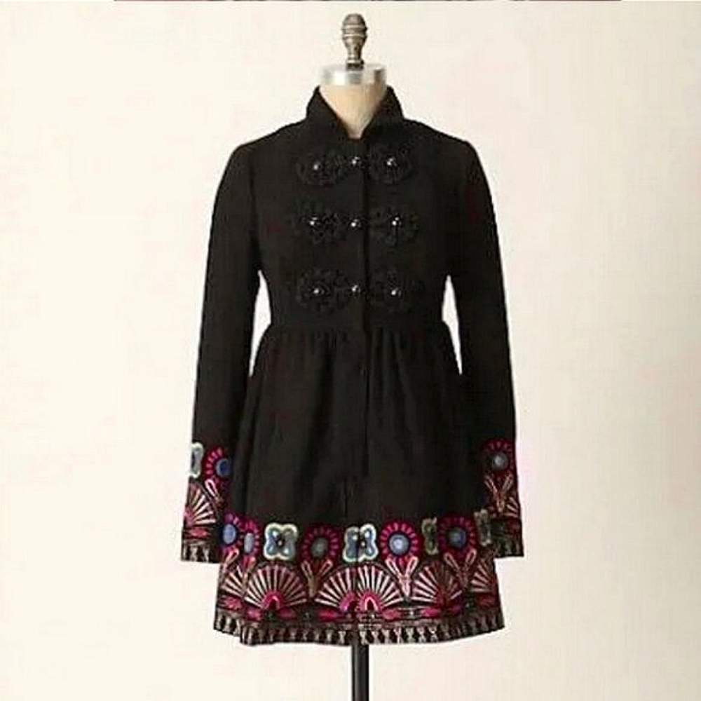 Anthropologie X Plenty by Tracy Reese Elimovna Embroidered Wool Peplum Coat